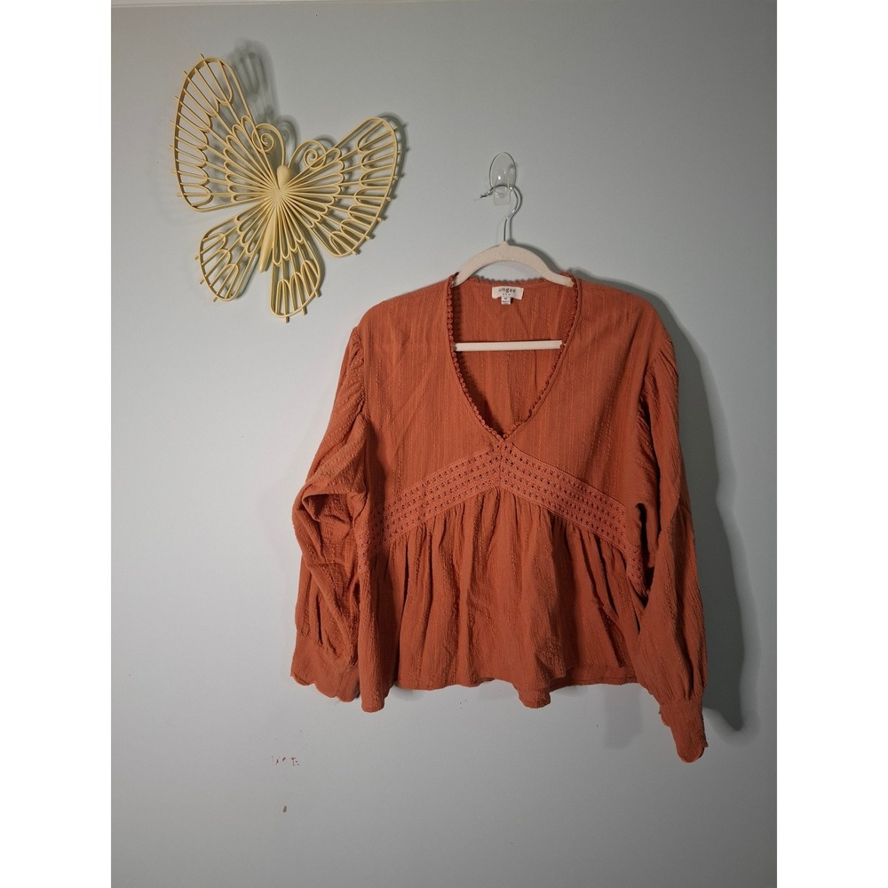 Umgee USA Terracotta Orange Cotton Lace Trim Babydoll Top Medium